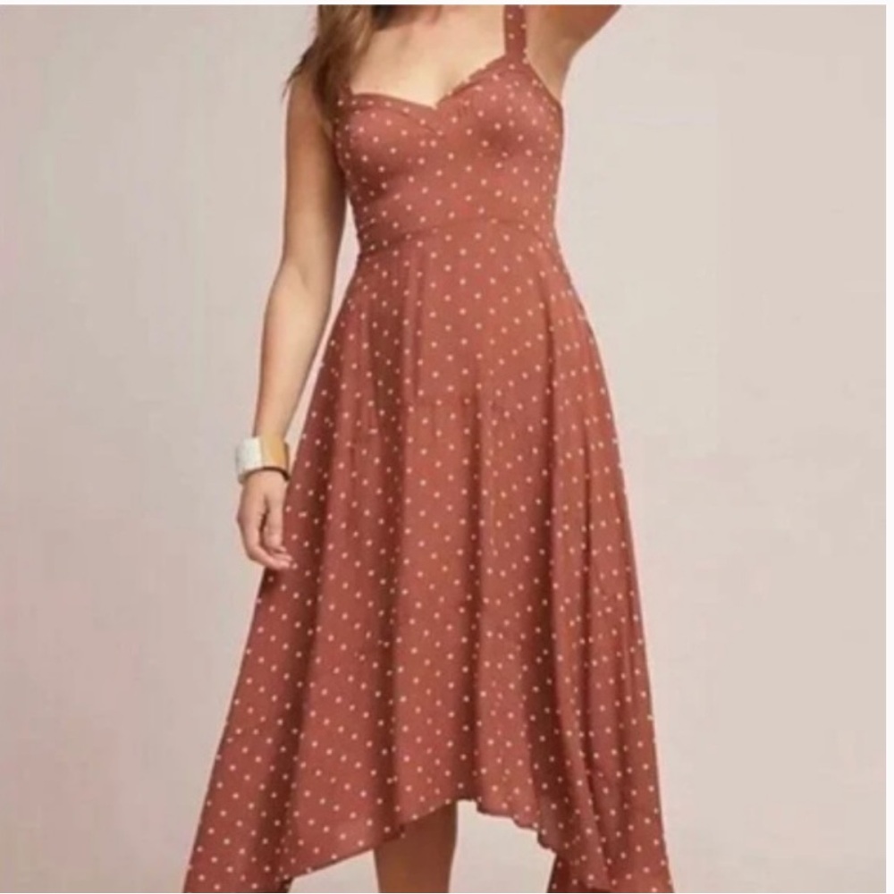 Anthropologie Maeve Vivienne Brown Polka Dot Sweetheart Neck Midi Dress